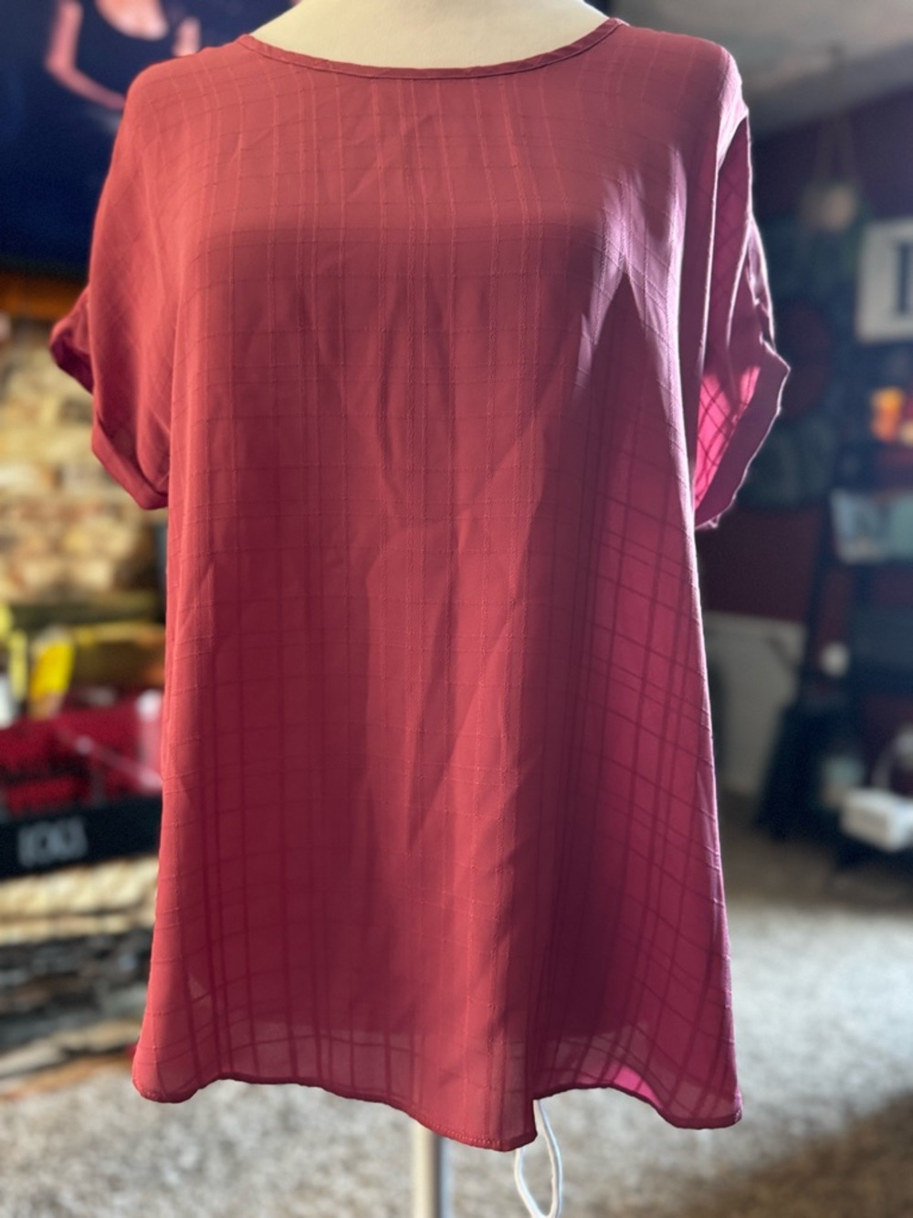 Maurices Dusty Rose Grid-Pattern Short Sleeve Tunic